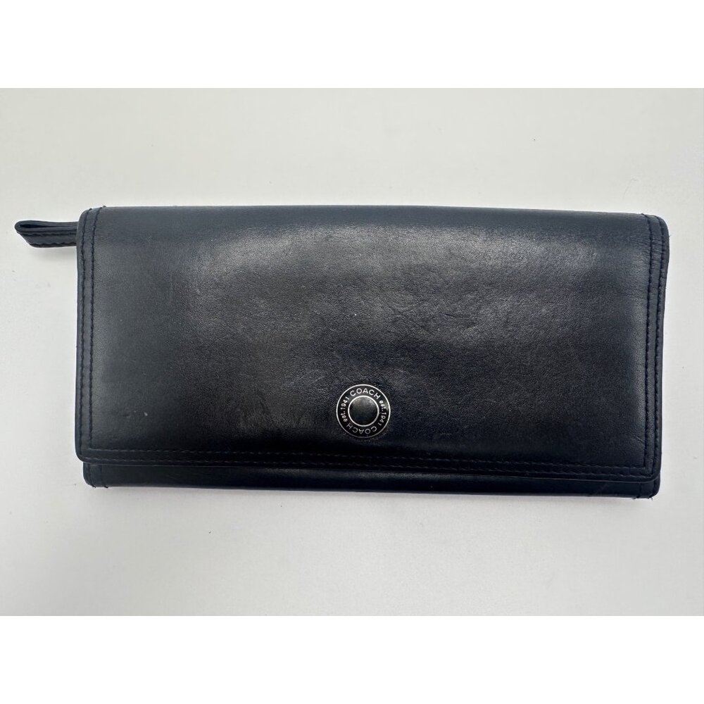 Coach Black Leather Snap Closure Wallet 8" Logo Card Compartments